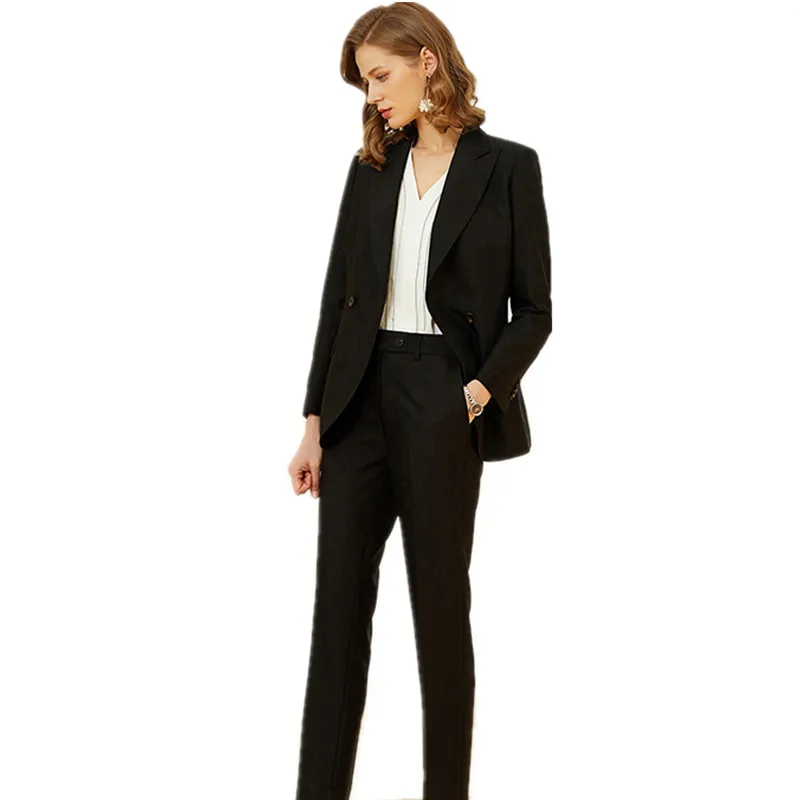 

Женский офисный комплект из 2 предметов, однотонный Повседневный пиджак с длинным рукавом и брюки, элегантный черный деловой костюм для офи...