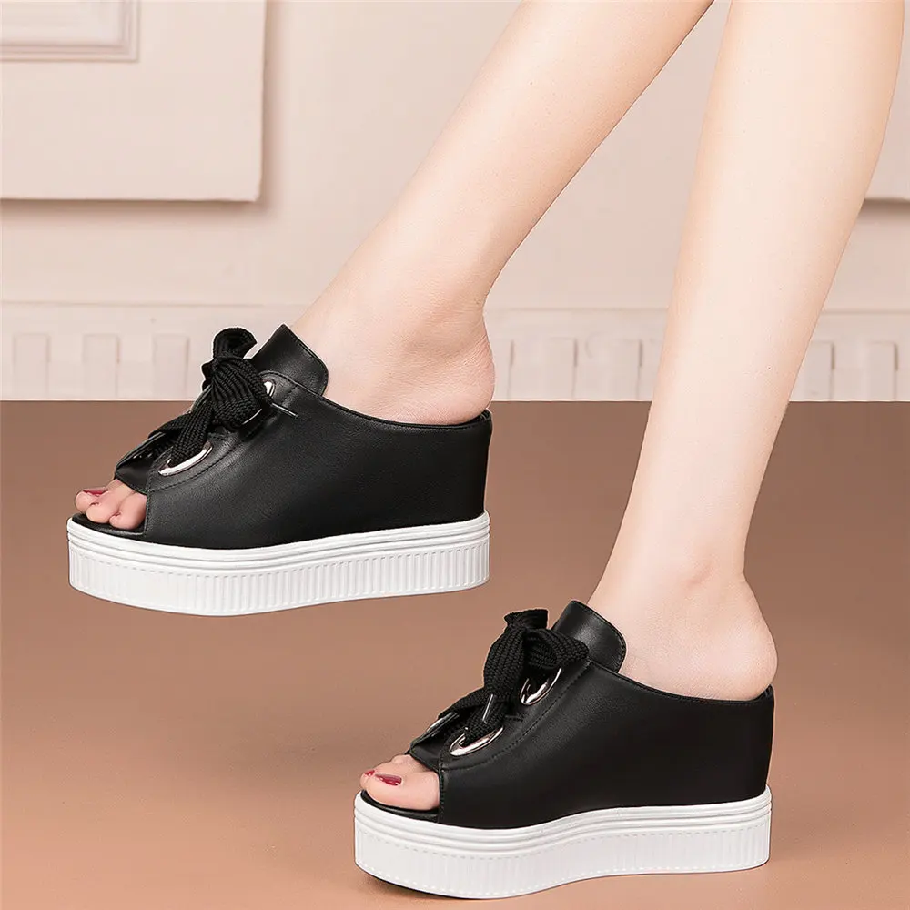 

Platform Pumps Women Cow Leather Wedges High Heel Roman Gladiator Sandals Female Lace Up Peep Toe Fashion Sneakers Casual Shoes