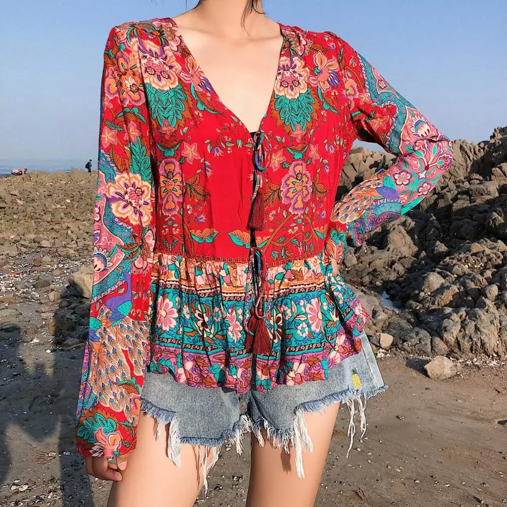 Boho Queens каштановых женская обувь с цветочным принтом на шнуровке блуза Женские