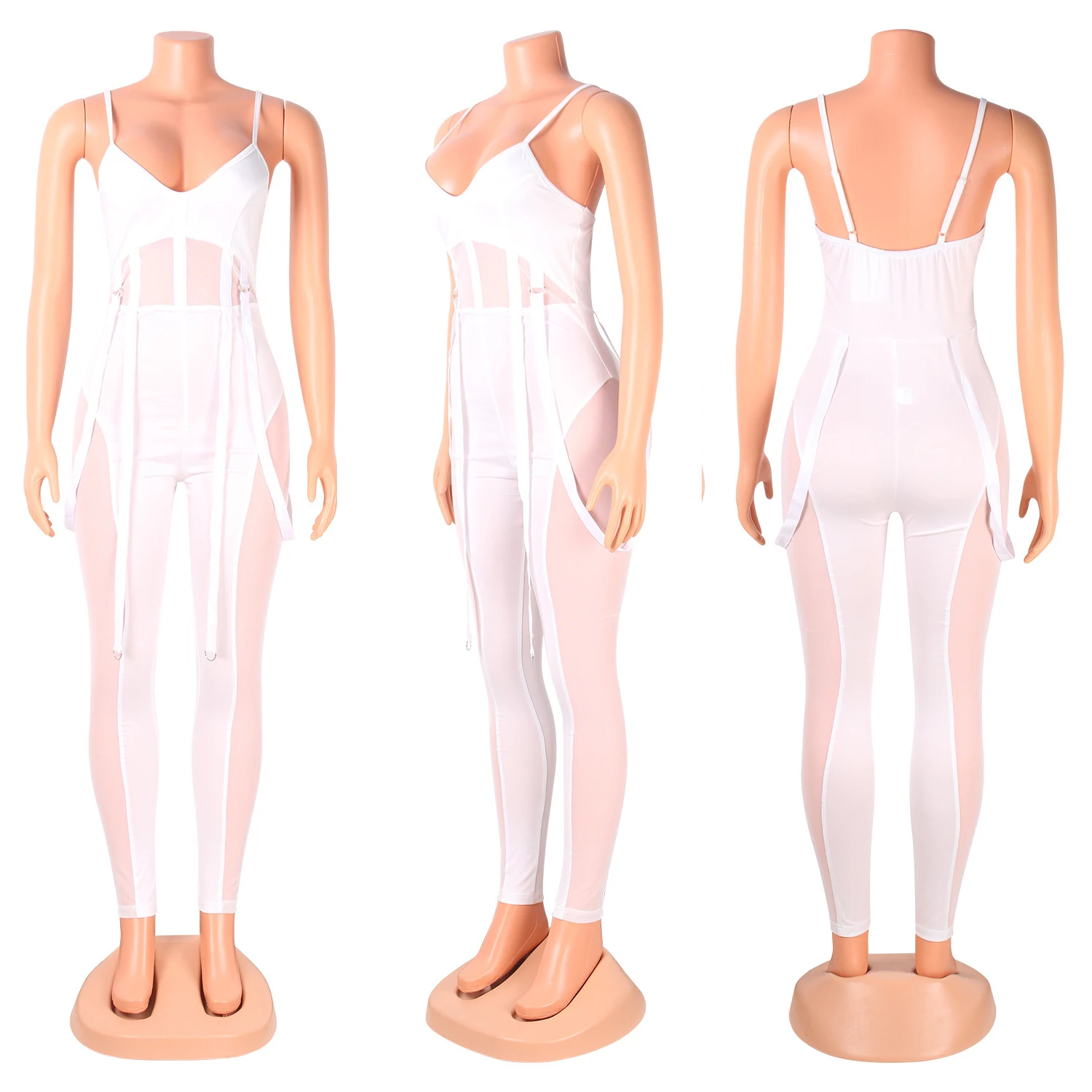 

Sexy Sheer Mesh Patchwork Ribbon Party Clubwear Jumpsuit Women Summer V Neck Spaghetti Straps Backless Outfit Rompers Overalls