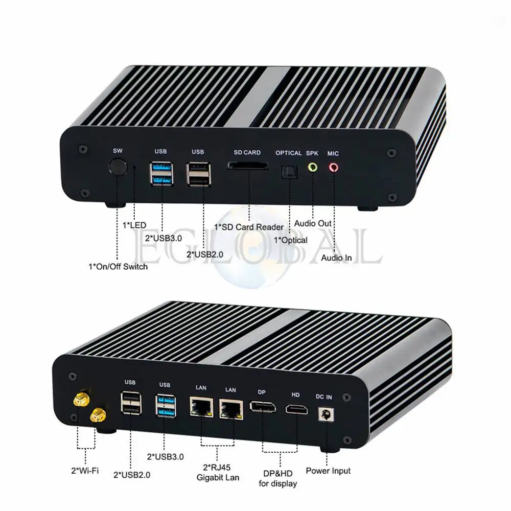 Процессор EGlobal fanless Мини ПК компьютер i5-7260U 8 ГБ+ 128 ГБ/256 ГБ Win10 двухъядерный процессор, 2* DDR4 Msata+ M.2 SSD+ 2," 4 K плеер HDMI DP VGA
