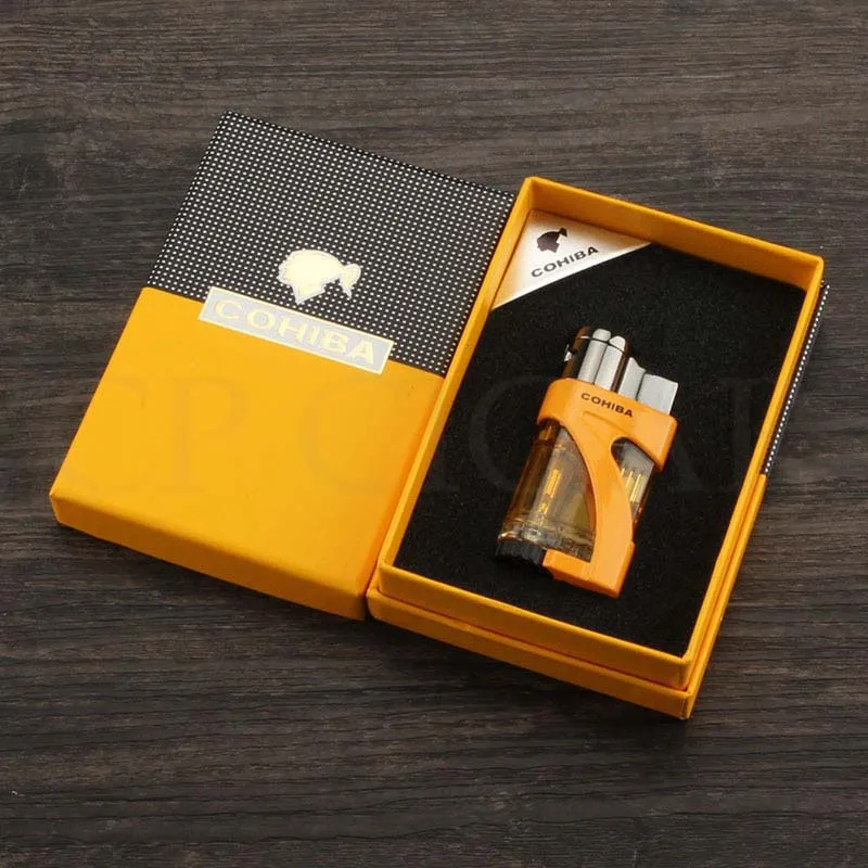 COHIBA фонарь газовая зажигалка карманная Ветрозащитная 2 струйная Зажигалка для сигар наружная металлическая газовая зажигалка многоразовые аксессуары для сигар