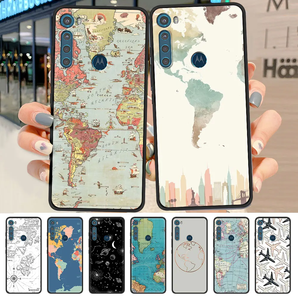 

Travel World Map Case for Motorola Moto G9 Play G8 Power Lite One Fusion Plus Hyper G Stylus G30 G10 Black Phone Protect Cover