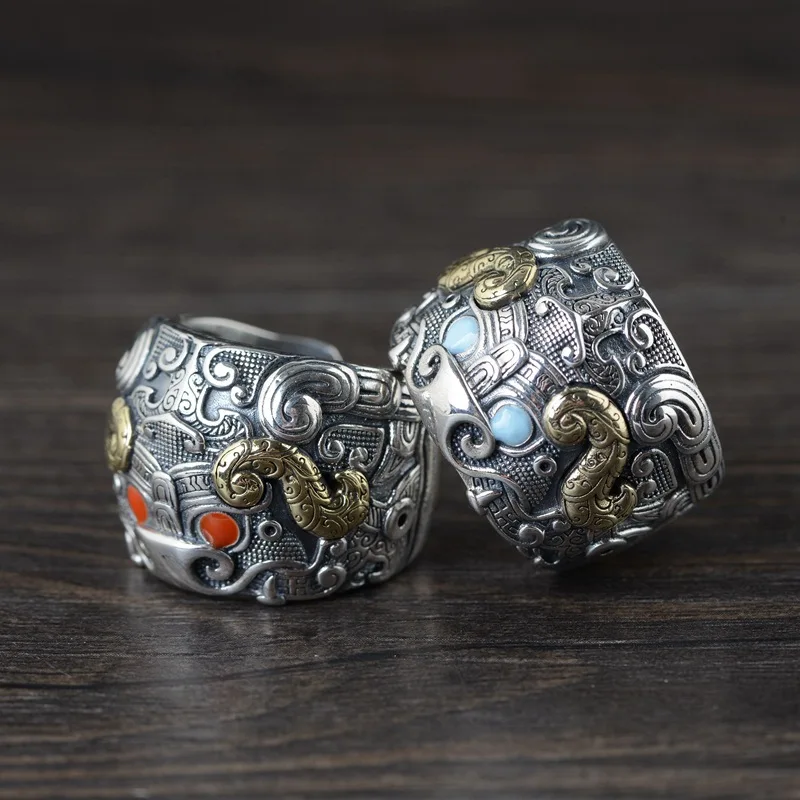 Мужское Винтажное кольцо в этническом стиле широкое Открытое с натуральным