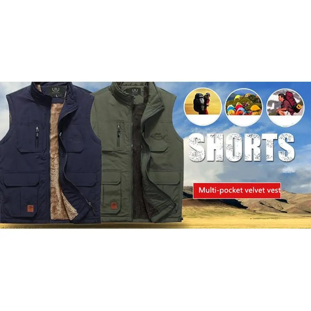 Зимний мужской флисовый теплый жилет с множеством карманов осенний повседневный