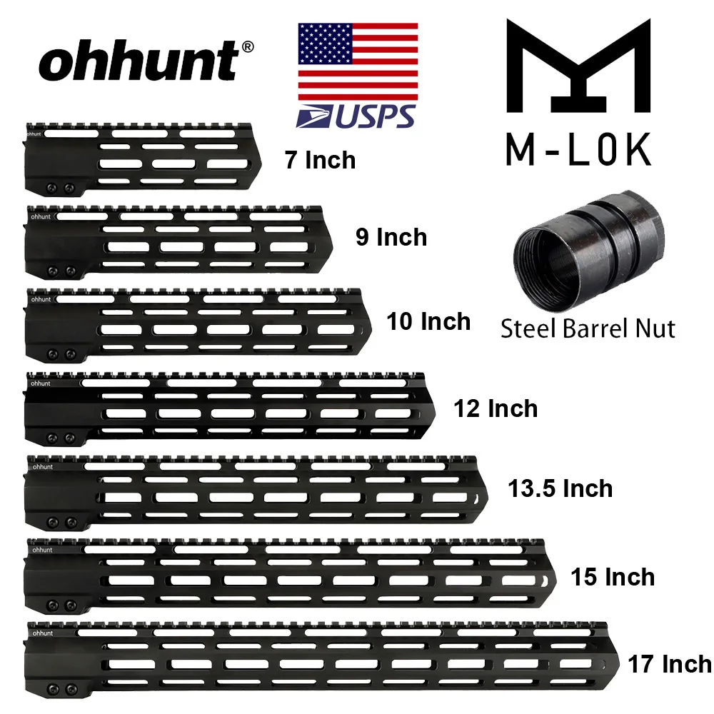 

ohhunt Tactical AR15 Free Float M-LOK Handguard 7" 9" 10" 12" 13.5" 15" 17'' Picatinny Rail with Steel Barrel Nut for Scope