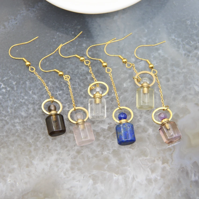 

1Pair Gold Plated Crystal Quartz Perfume Bottle Earrings Lapis Amethysts Pendant,Gems Essential Oil Diffuser Vial Charms