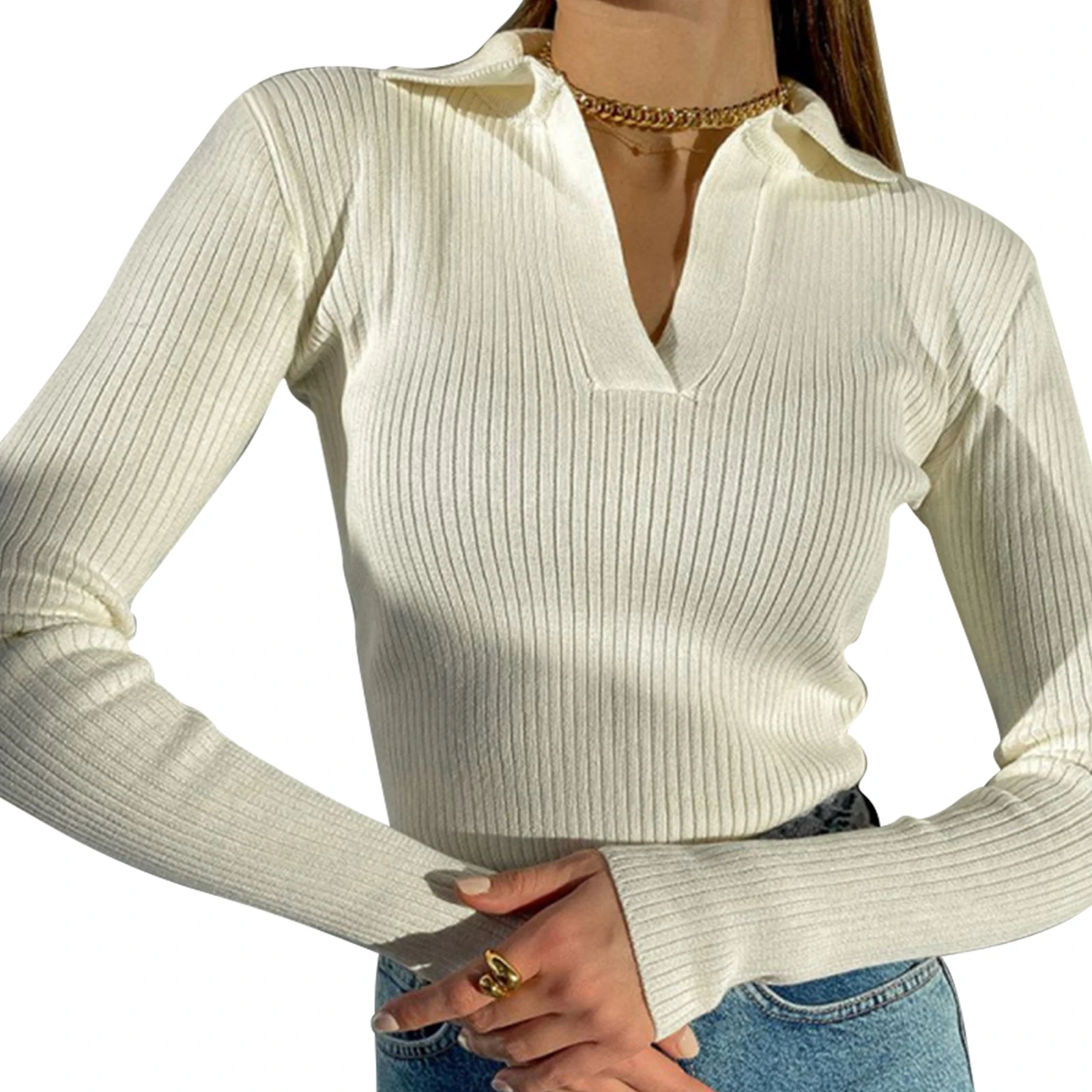 

2021 Autumn Women Long Sleeve Lapel V Neck Solid Color Knitted Pullover Rib Knit Tops Female Casual Slim Fit T-Shirts Streetwear