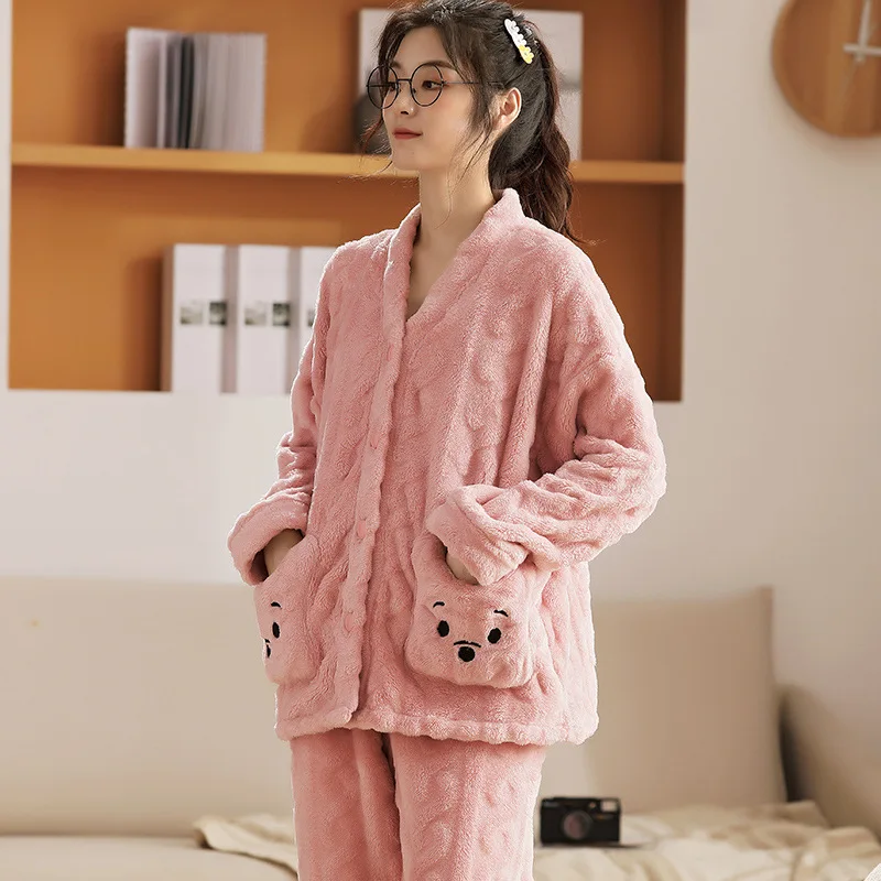 Pajamas Set Warm Female Coral Velvet Flannel Thickened Home Service Two Piece Suit Pijamas Women's 2021 New Autumn and Winter