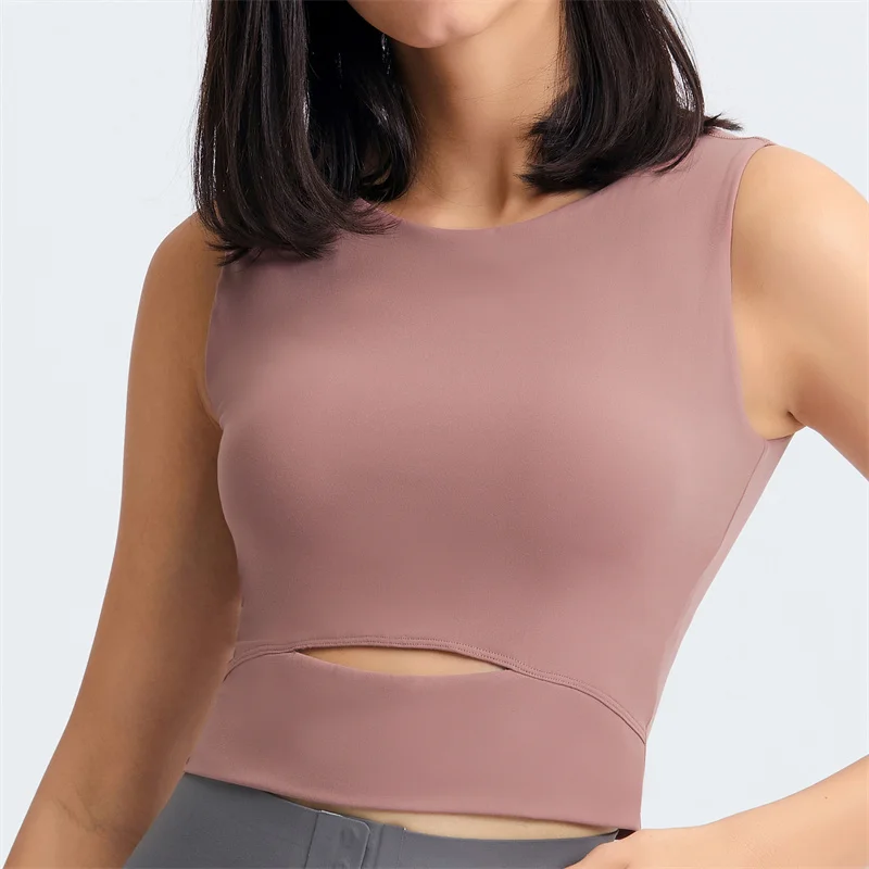 Nepoagym MIND Women Brushed Waist Cutout Crop Tank Tops with Built In Bra Longline Padded Sports Bra Medium Support