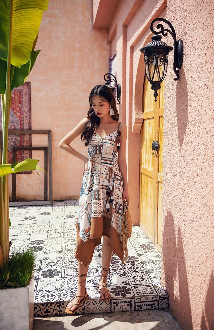 

Summer Holiday Women Sleeveless Dresses Bohe Print Women Dress Femme Beach Dress
