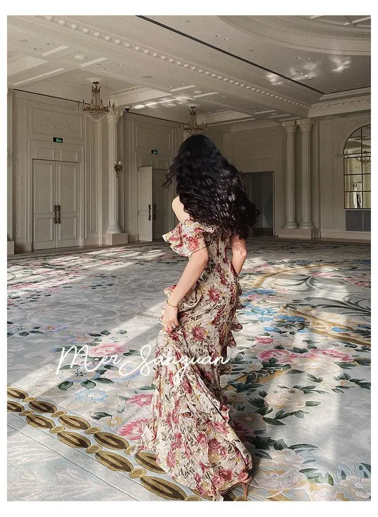 Женское винтажное платье до пола элегантное во французском стиле с цветочным