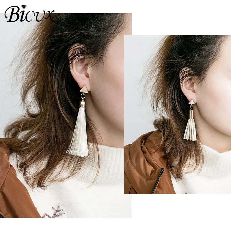 

BICUX Bohemian Long Tassel Drop Triangle Earrings for Women Lady Female Fringe Fashion Leather Cotton Women Earring 2019 Jewelry