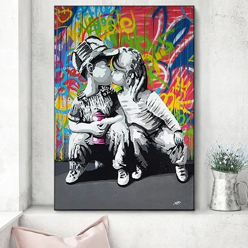 Граффити уличное искусство девушка поцелуй мальчик холст абстрактная живопись