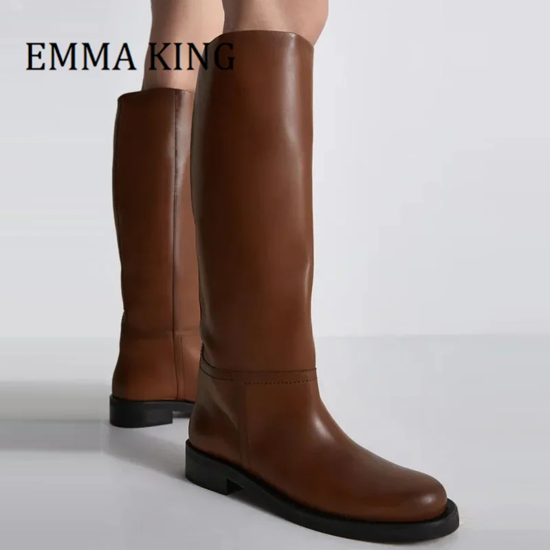 

Women Flat Knee-High Leather Boots Round Toe Thick Sole Long Boots Female Casual Winter Party Shoes Cowboy Knight Botas Mujer
