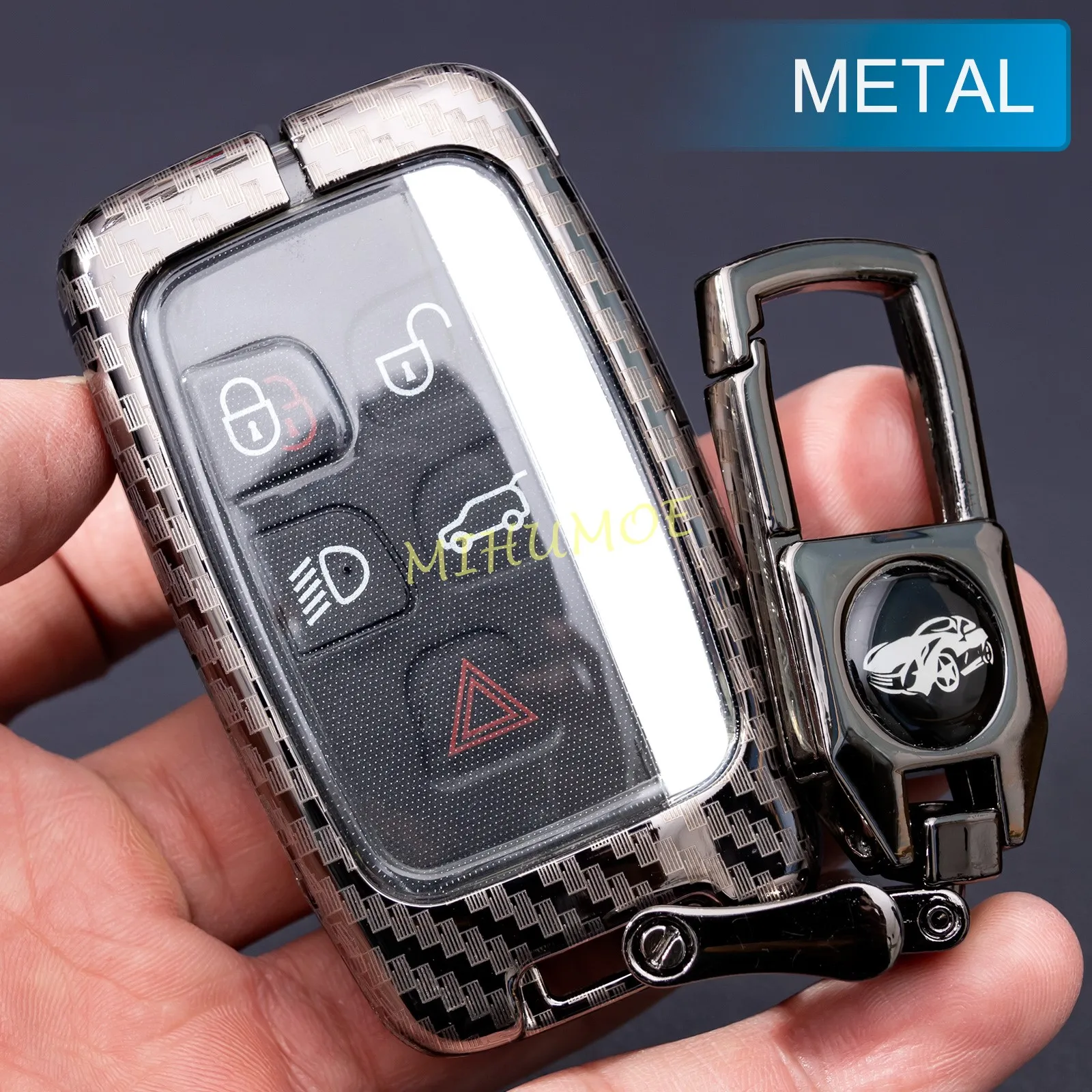 

Carbon Fiber Metal Key Fob Cover Case Ring Keychain For Land Range Rover Evoque Velar Discovery Sport LR4 Jaguar XE XF XJ F-PACE