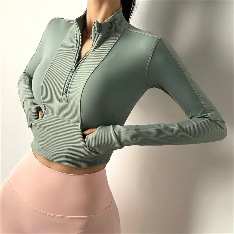 Women Half Zipper Training Sports Jacket Gym Crop Tops Breathable Cycling Running Long Sleeve Fitness Yoga Sportswear