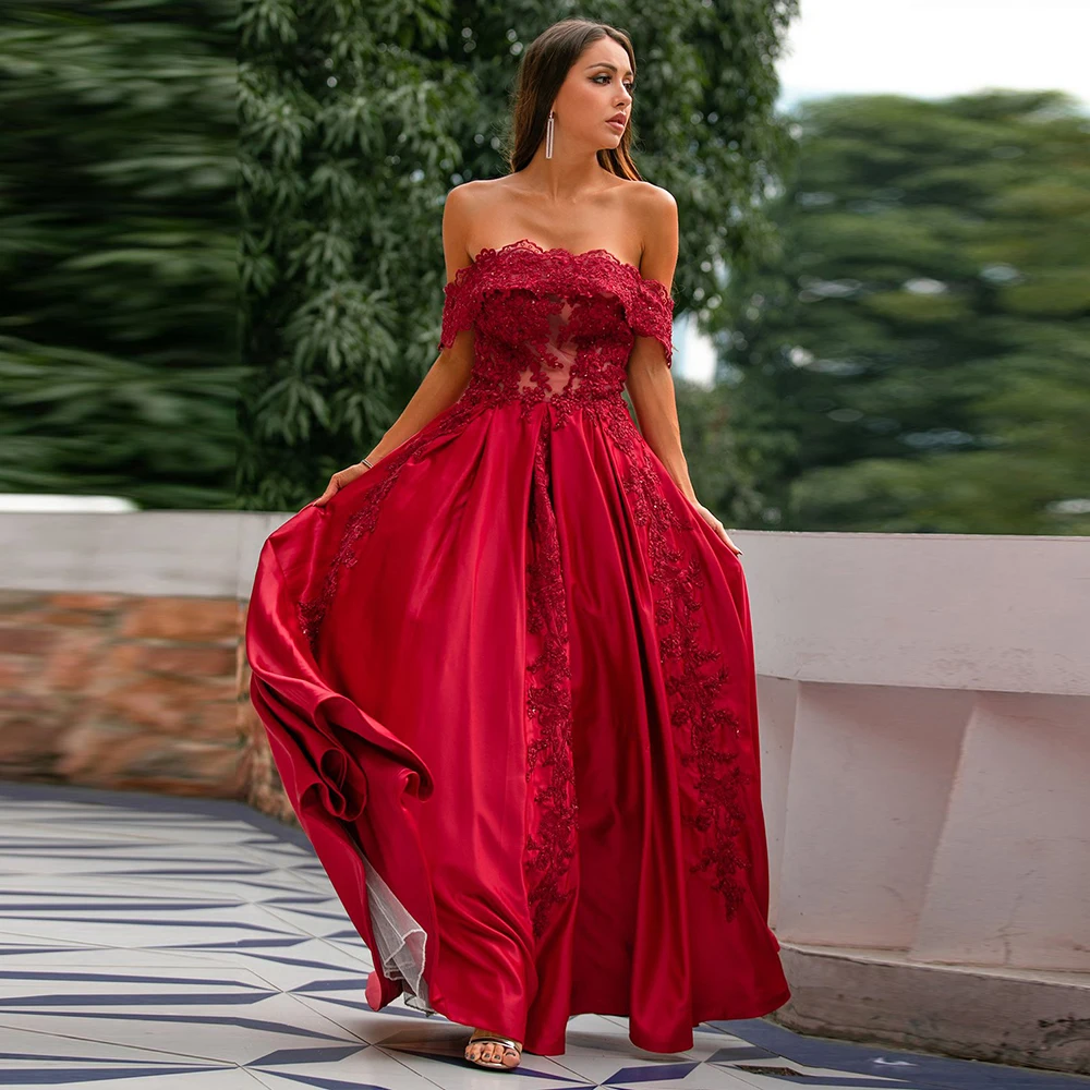 

Exquisite Off Shoulder Long Evening Party Gown For Woman Sleeveless A Line With Applique Lace Prom Dress Wedding Robe De Soriee