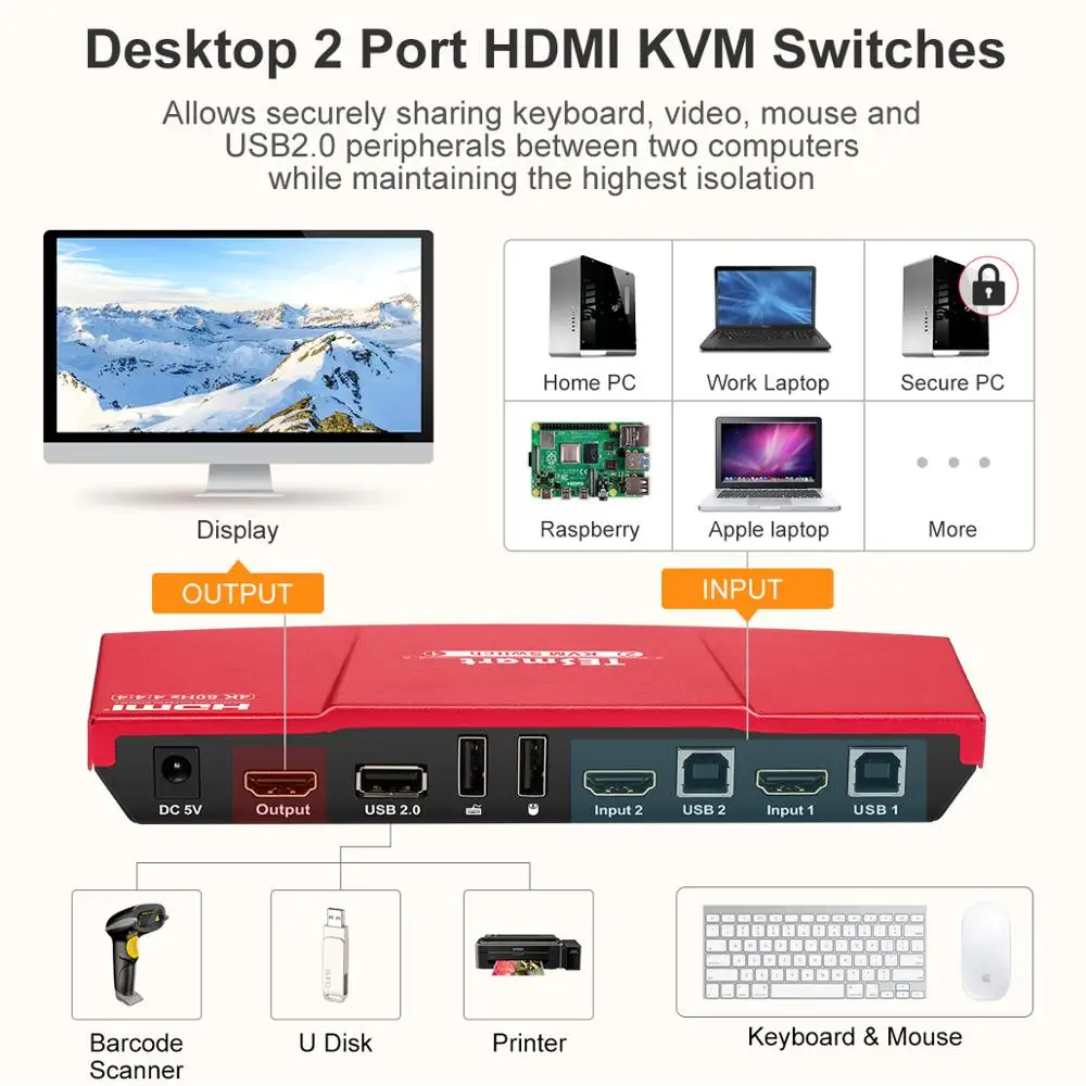 Tesla Smart высококачественный HDMI 4K@60Hz KVM переключатель 2 порта USB поддержка 3840*2160/4K*2K