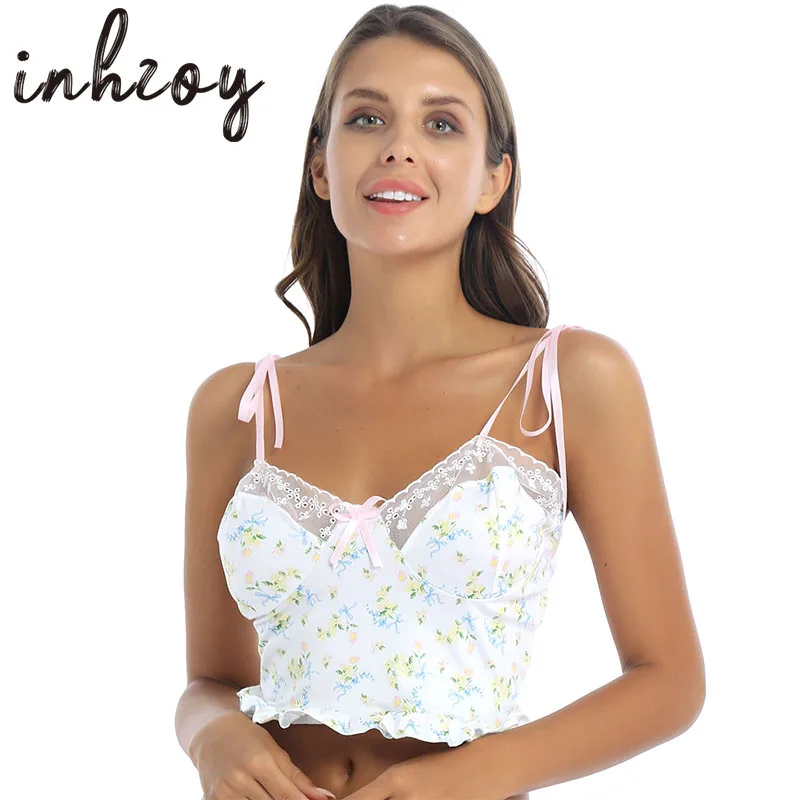 

Floral Printed Lace Trim Bandage Bowknot Crop Top Women Girls Y2k Aesthetic V Neck Ruffle Hem Vest Sexy Tops Camisole Streetwear
