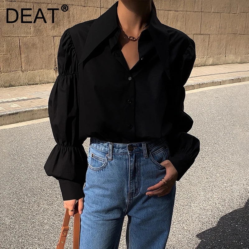 

Женская свободная тонкая рубашка DEAT, белая однотонная тонкая рубашка с длинным рукавом и отложным воротником, в Корейском стиле, 7I3153, Осень-...