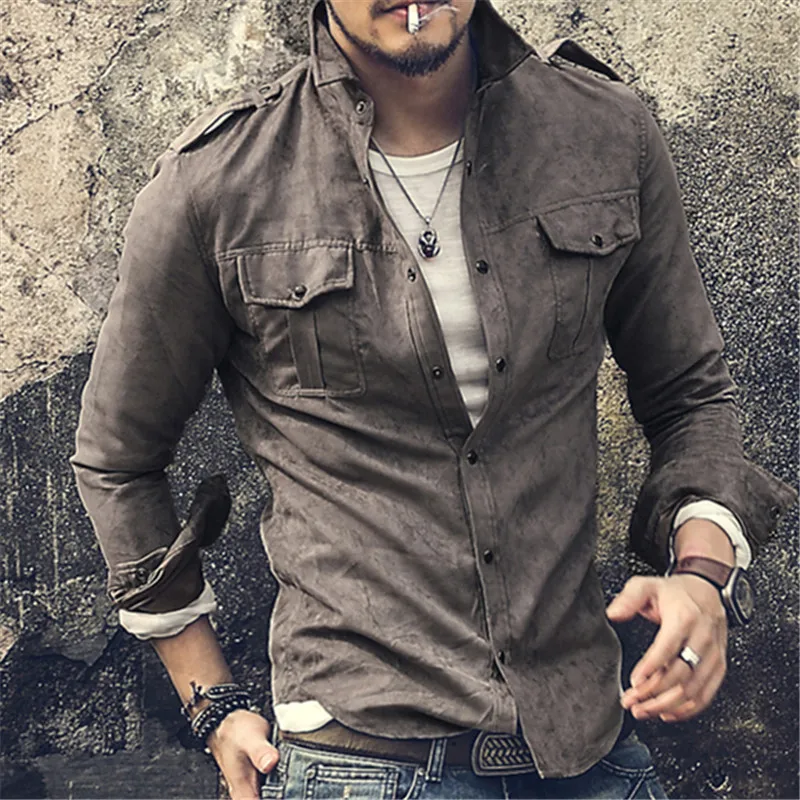 2019 новые осенние весенние хлопковые мужские рубашки с длинными рукавами Военная