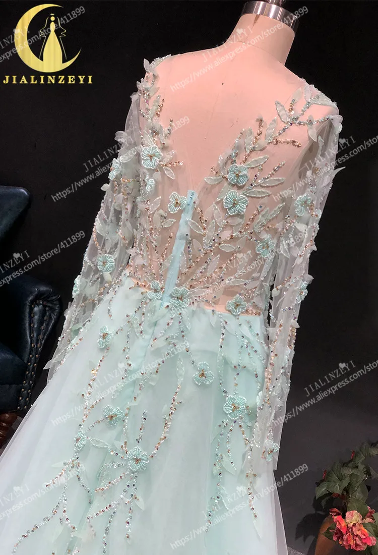 Rhine real Pictures light Green Long SLeeves Beads with gold beads arabic formal dress evening dresses long