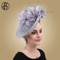 fs fascinators grey church sinamay hat with feather fedora hats for women derby cocktail party bridal ladies church hats