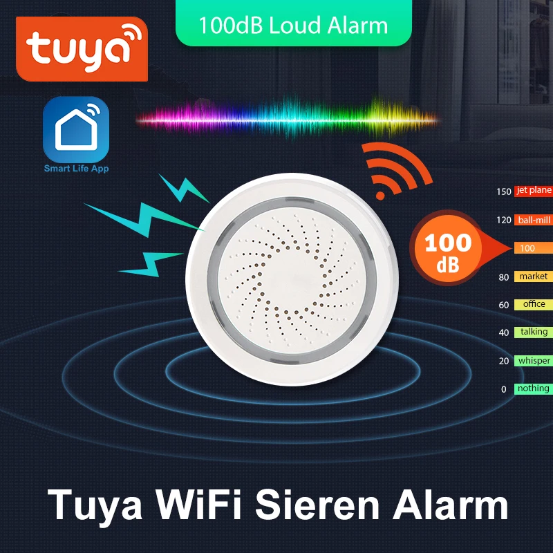 Беспроводная звуковая сигнализация Tuya с Wi-Fi и датчиком, 100 дБ, система домашней безопасности, Alexa Google IFTTT от AliExpress WW