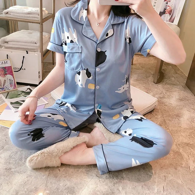 

New Summer Pajamas Women Short-sleeved Trousers Cardigan Lapel Button Suit Casual Furniture Clothes For Ladies Home Sleepwear