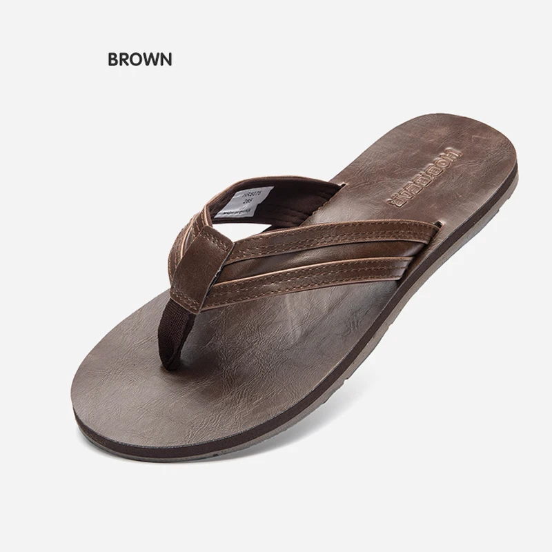 Brown Большие размеры 39-46; модные мужские вьетнамки из натуральной кожи; уличные водонепроницаемые пляжные сандалии; летние мужские шлепанцы; Zapatos De Hombre - Цвет: Brown