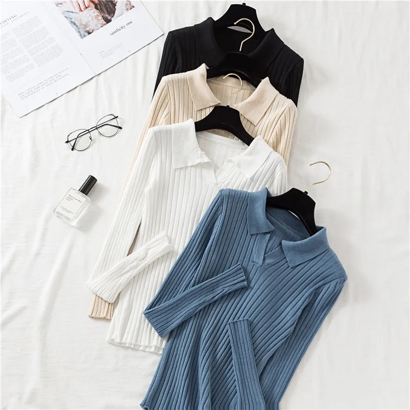 Autumn Winter Women Pullovers Sweater High Elasticity Casual Turn-down Collar Knitted Jumper Fashion Solid Slim | Женская одежда