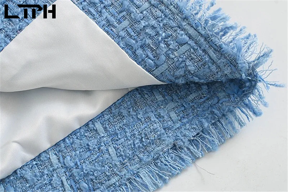 LTPH-Chaqueta de tweed suave para mujer, blazer elegante francés, doble botonadura, largo medio, vintage, para traje, primavera, 2021