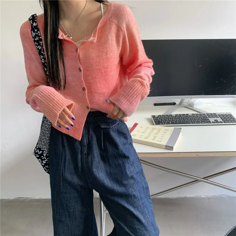

ZAWAHIKI Tie Dye Vintage Tops Femme Autumn Single Breasted 2021 Korean Sweaters Short Loose Fashion Cardigans Ins New Chaqueta
