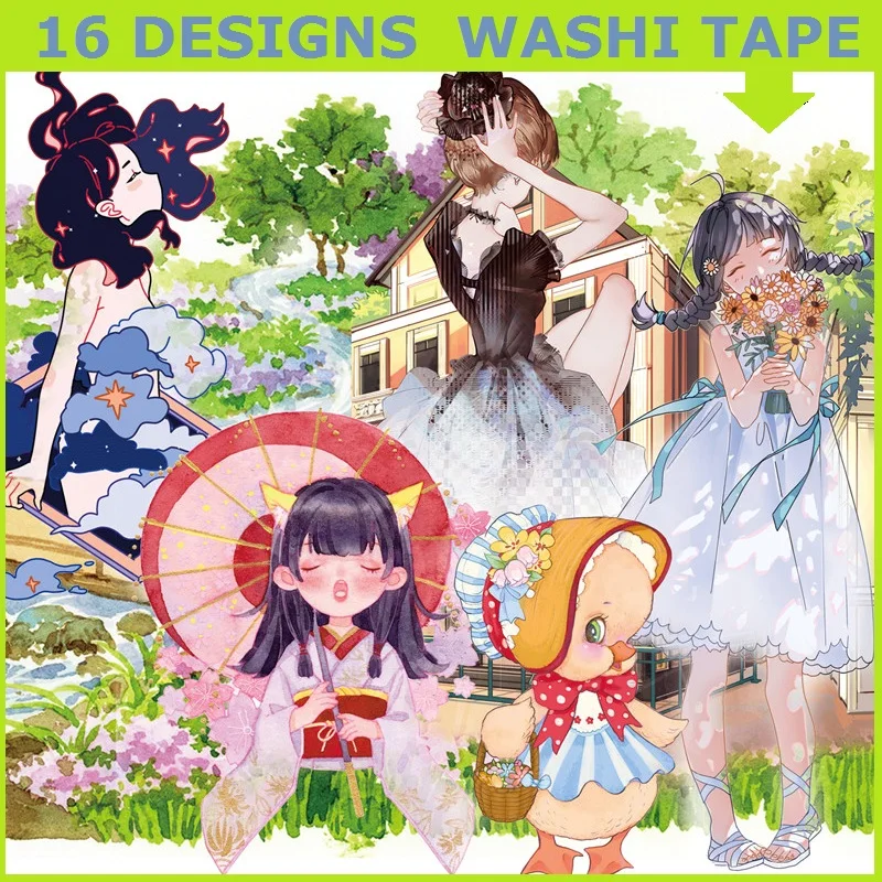 

16 Designs Washi Tape Girl Scenery Landscape Planner Japanese Decor Adhesive DIY Masking Paper Label Stickers Diary Scrapbooking