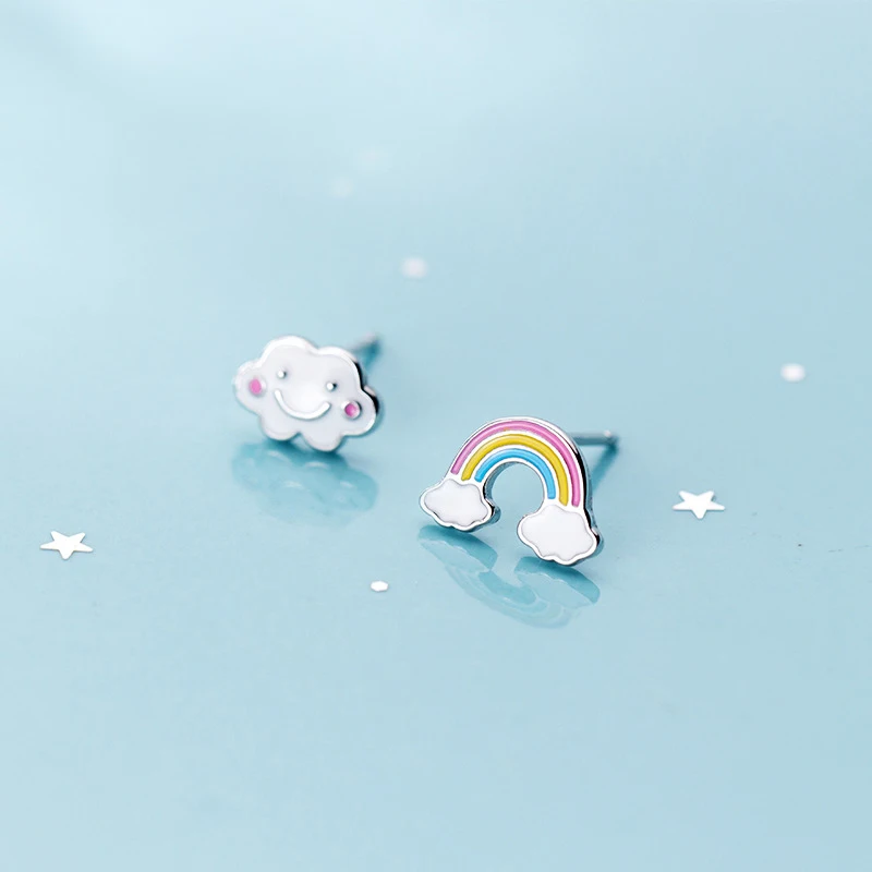 

Женские асимметричные серьги-гвоздики MloveAcc, из серебра 925 пробы с разноцветной эмалью и милыми радужными облаками