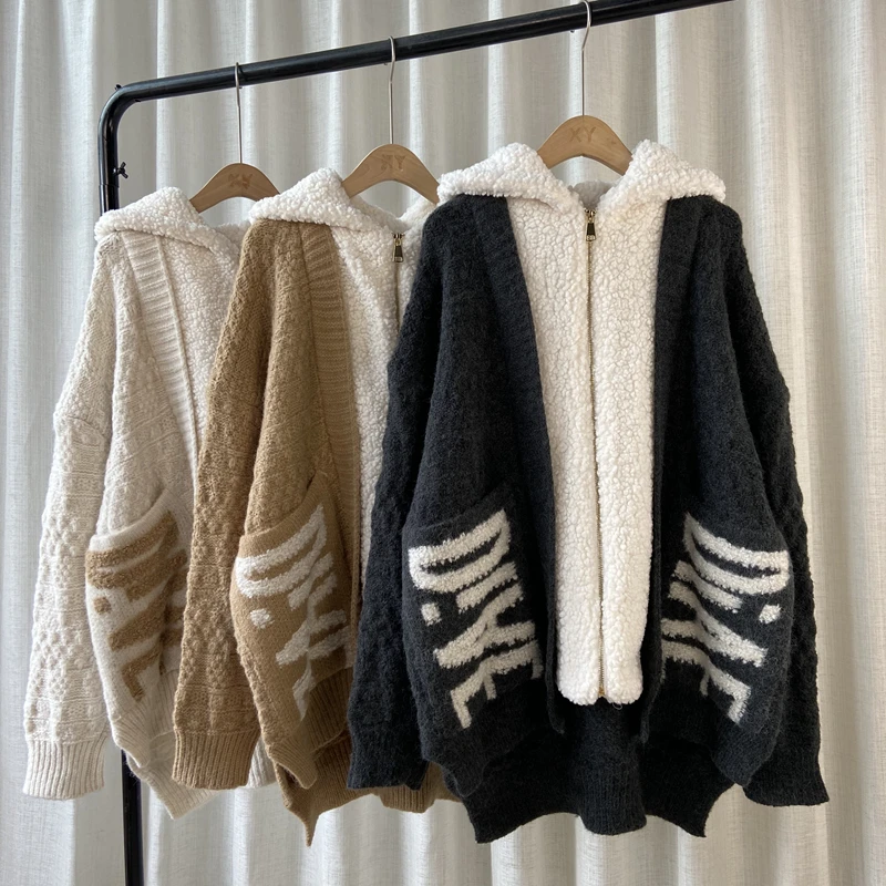 

Пальто с капюшоном из овечьей шерсти для женщин, осенне-зимний утепленный теплый свитер нового дизайна, кардиган средней длины