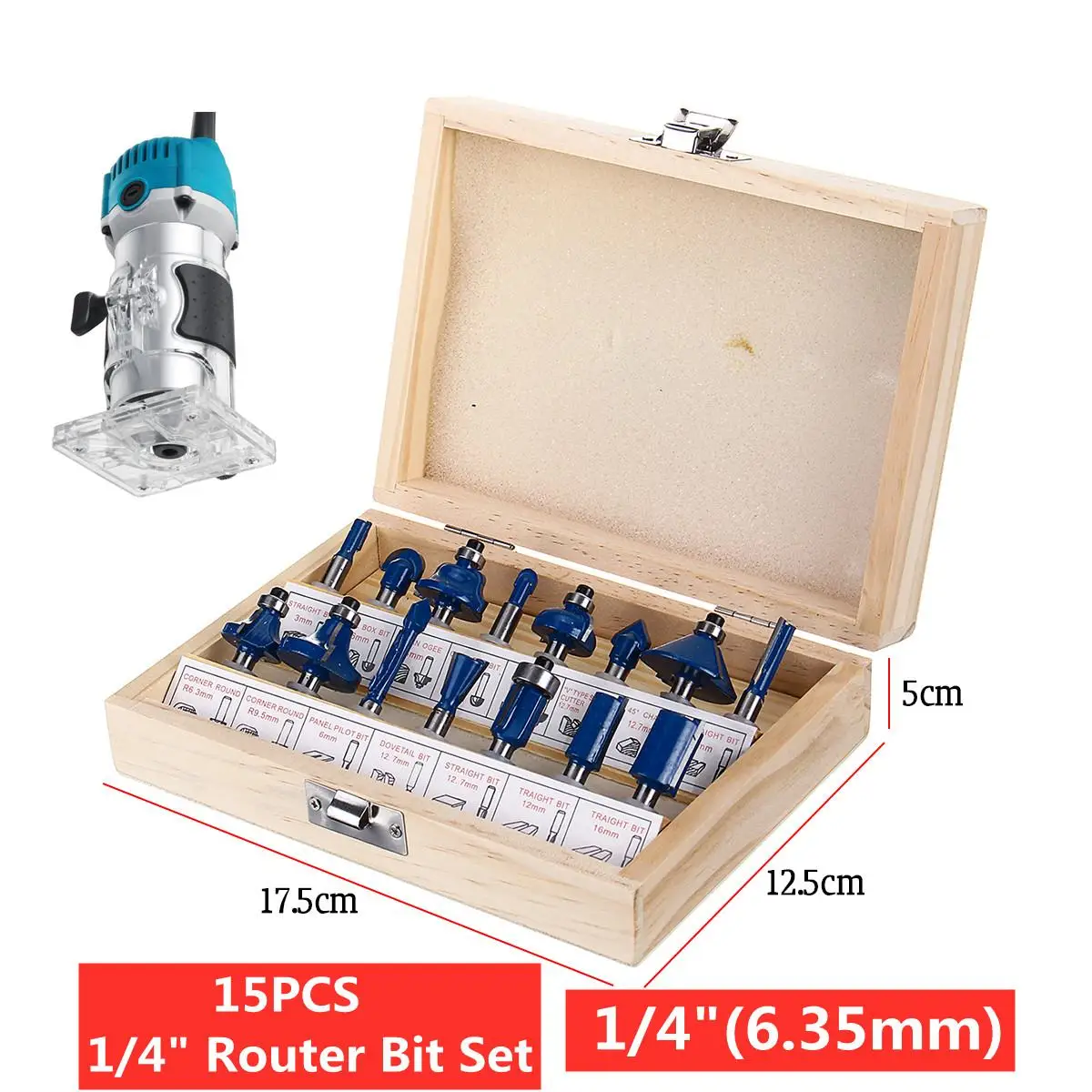 

15pcs Woodworking Trimmer Milling Cutters Router Bit Set 1/4''/6.35mm Shank Carbide Wood Cutter Engraving Cutting Tools With Box