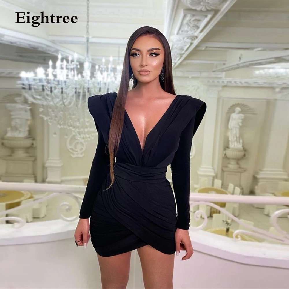 Eightree Modern Black Short Mini Evening Dresses Long Sleeves Party Gowns V Neck Formal Night Party Club Dress Robe de soiree (0)