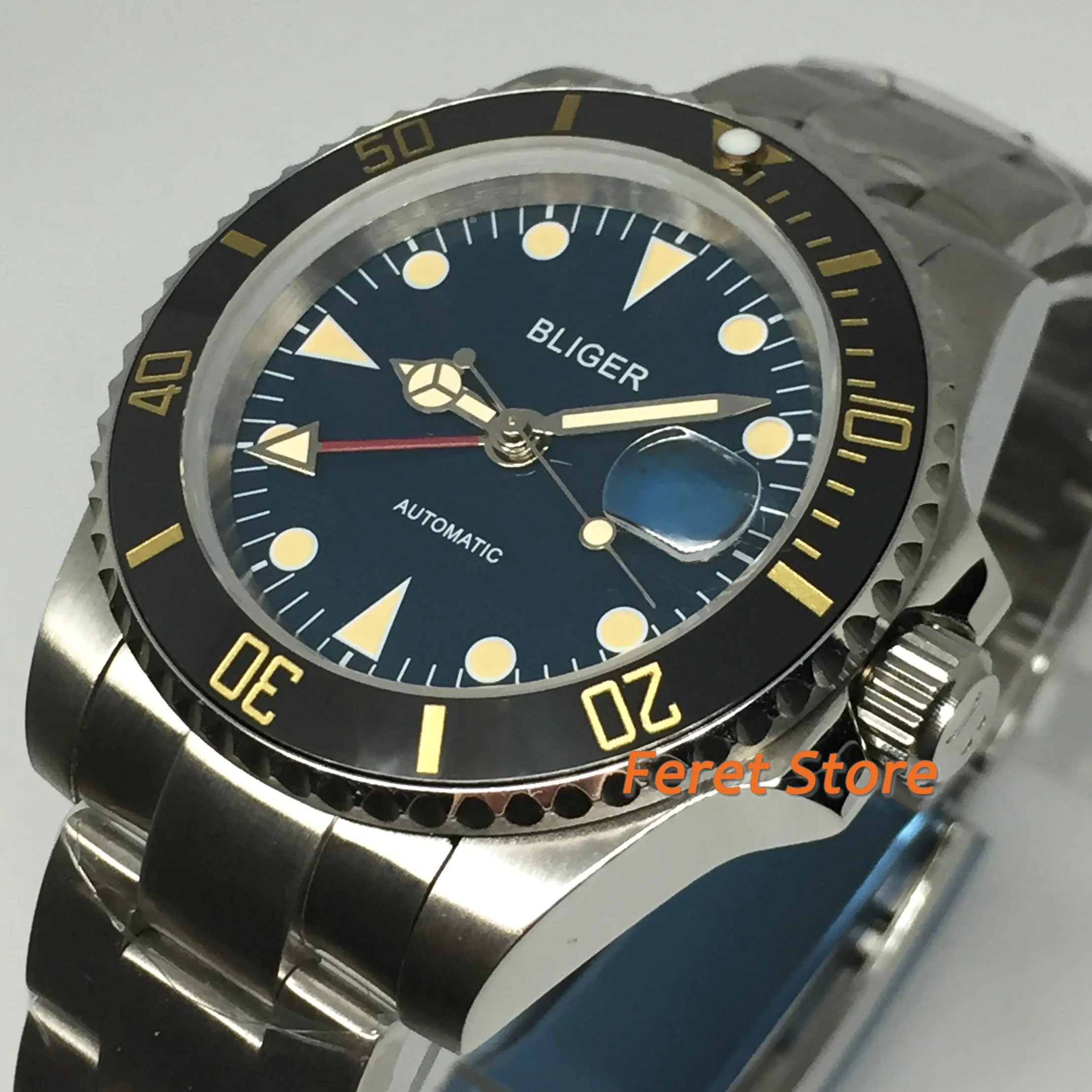 Bliger 40 мм серебро Нержавеющая Чехол Мужские часы с сапфировым стеклом красный GMT