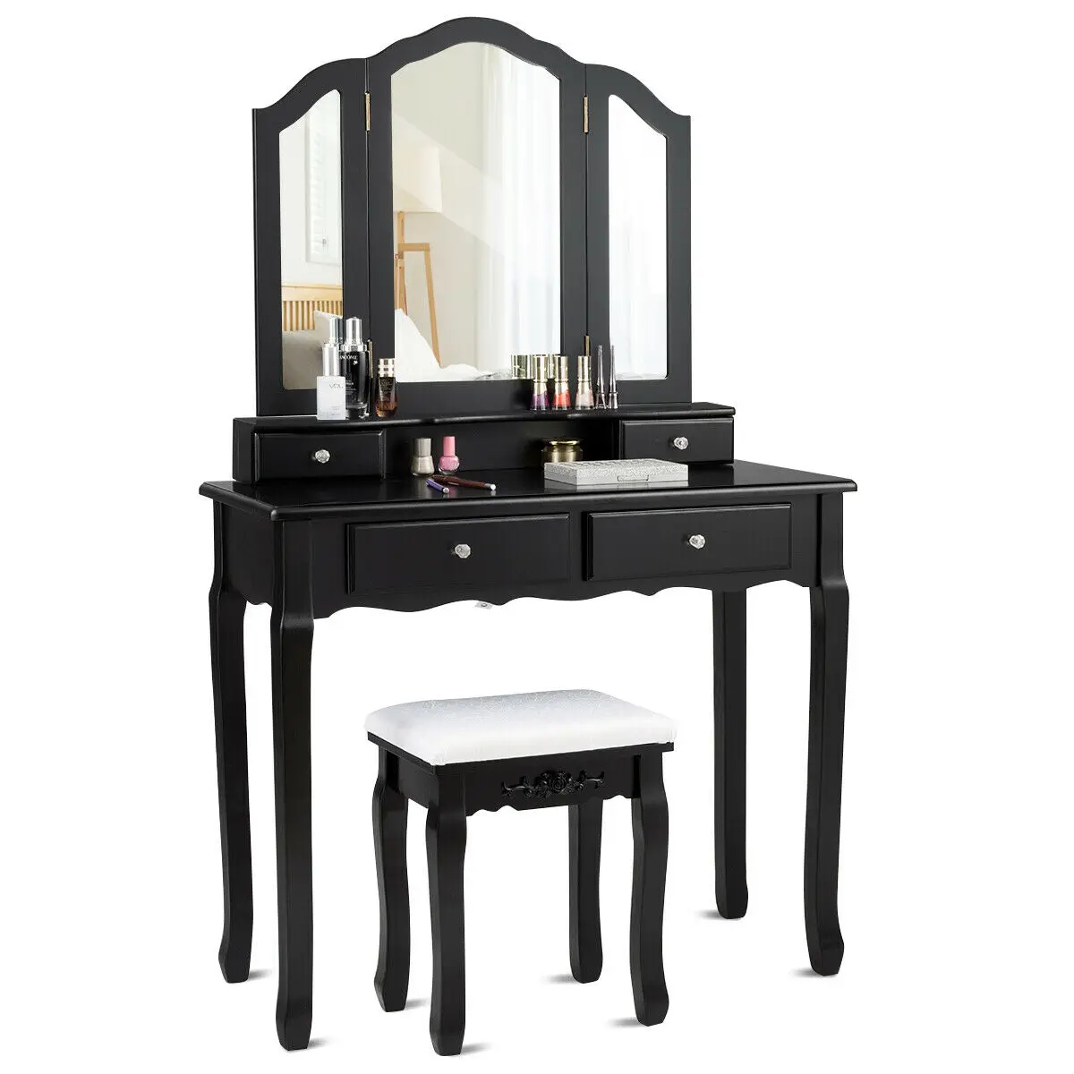 

Costway Black Vanity Makeup Dressing Table Stool Drawer&Mirror