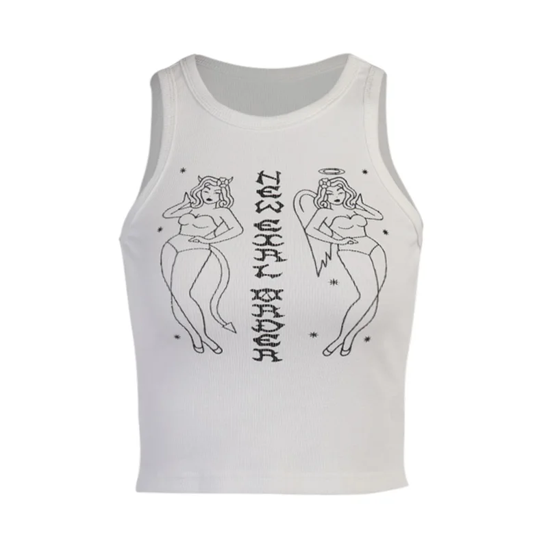 

InstaHot Cartoon Harajuku Printing Tank Top Basic Summer Crop Top 2021 Streetwear Women Slim Rib Knit White Sleeveless Tee Top