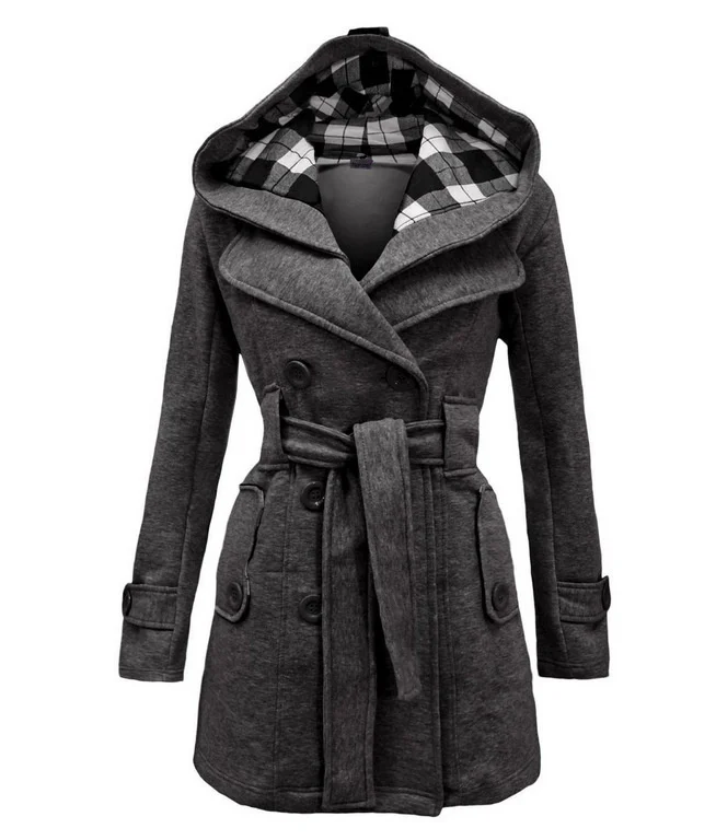 

New Plaid Hooded Coat belt double row button long coat