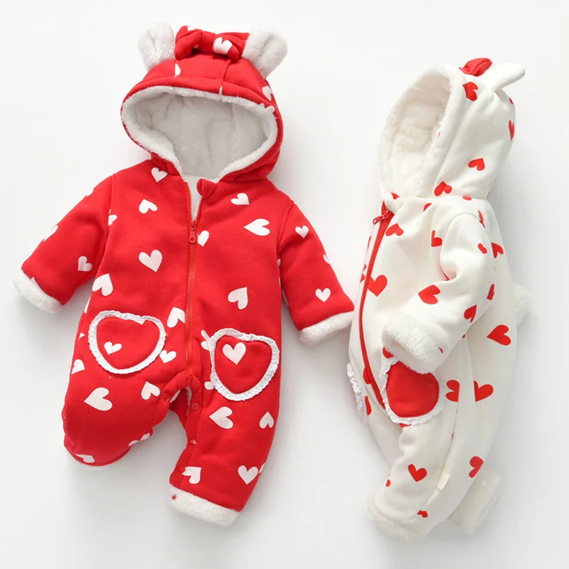 

Newborn Baby Winter Clothing 0-24 Months Baby Cotton Rompers Warm O-neck Newborn Twin Girl Clothes Red Heart Baby Girls Jumpsuit