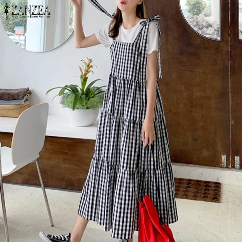 

Fashion Ruffle Dress Women's Summer Check Vestidos 2022 ZANZEA Casual Overalls Dresses Female Plaid Lace-Up Robe