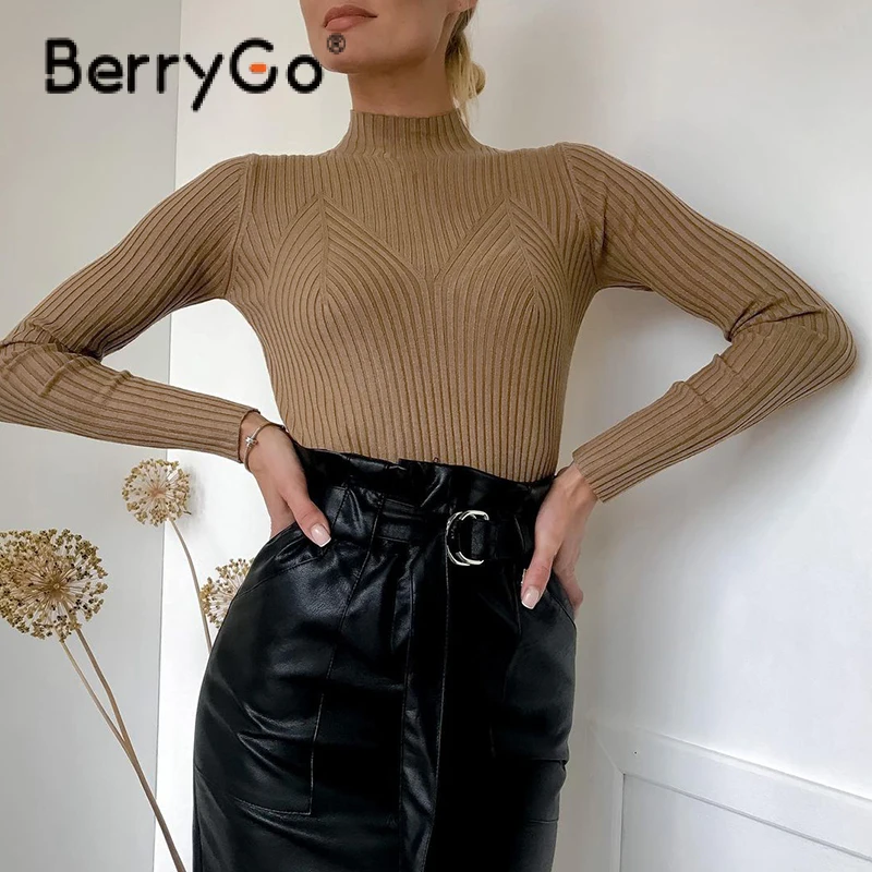 

BerryGo Basic o-neck sheath women knitted sweater autumn Office long sleeve female pullover solid O-neck soft camel jumper 2021