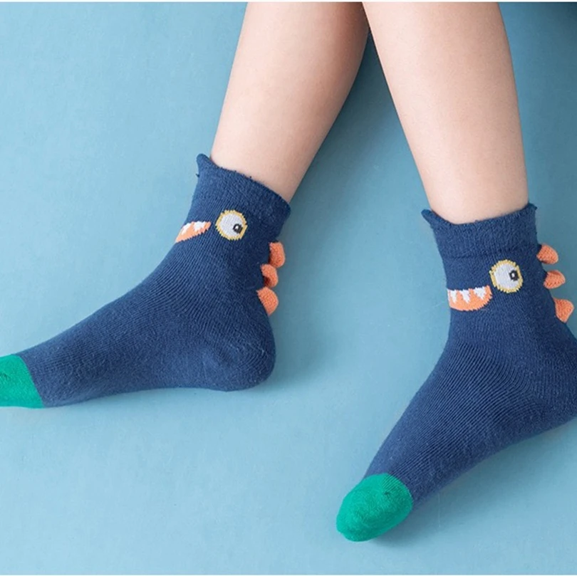 

5 Paris Set Cartoon Dinosaur Socks for Children Japan Korea Style Autumn Winter Cotton Baby Sox Boys Girls 1-12 Years Anti-Slip