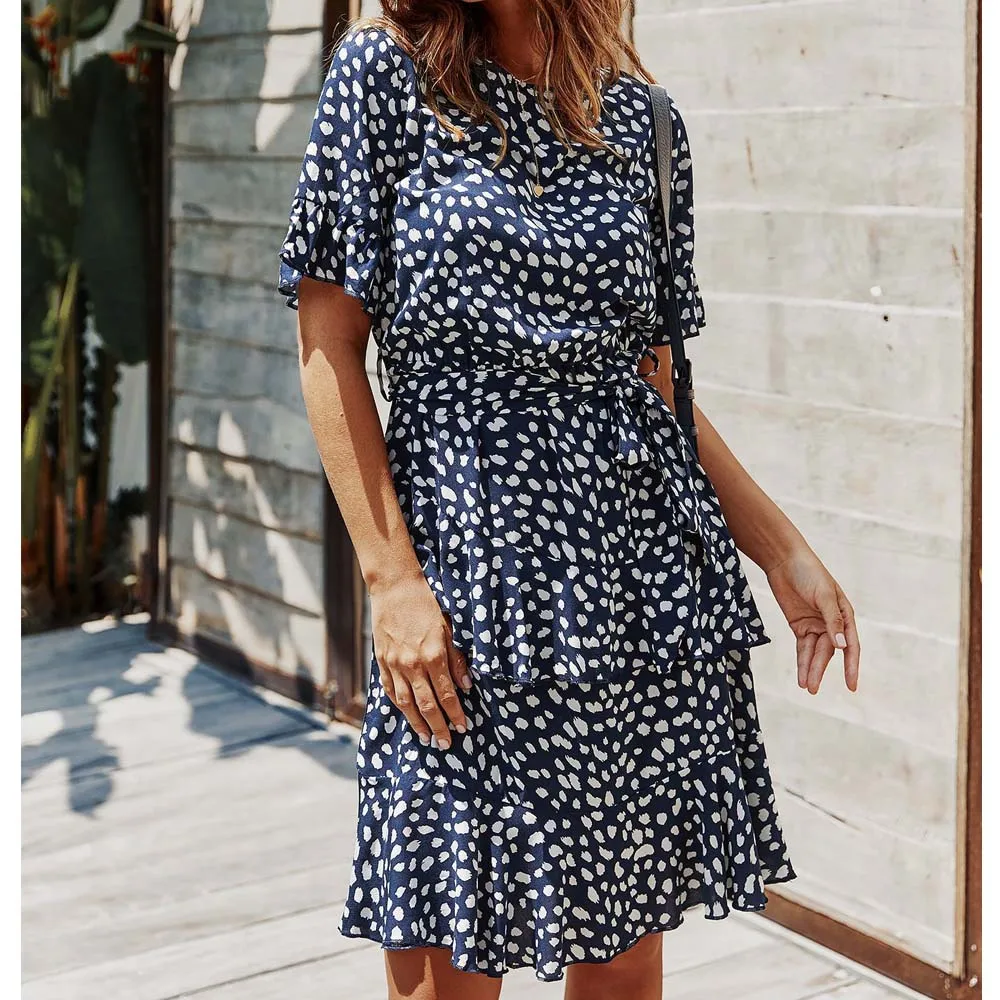 Платье женское шифоновое в горошек с круглым вырезом и оборками | Женская одежда