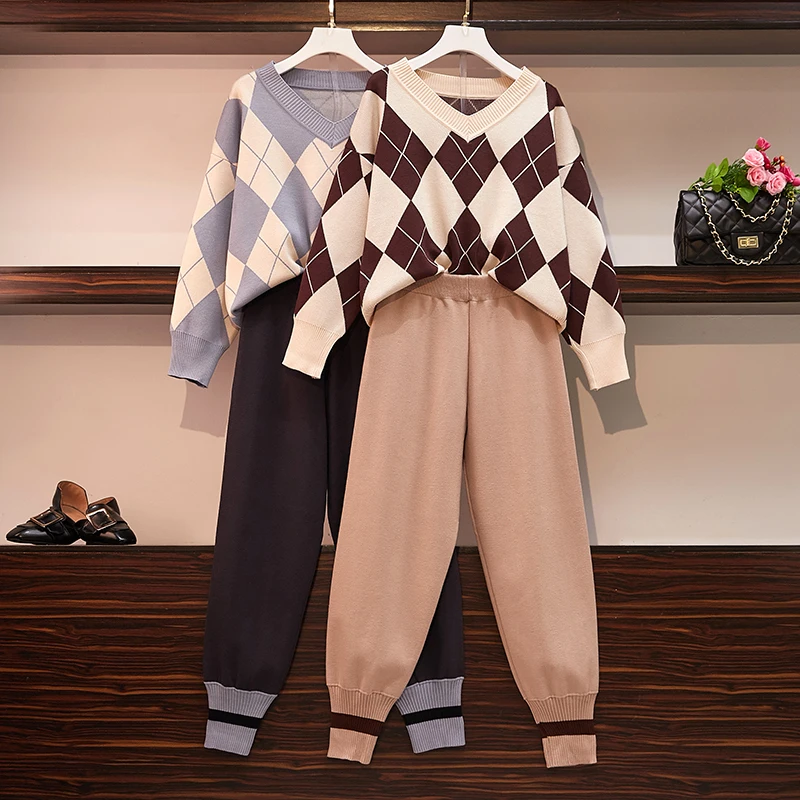 Женский клетчатый вязаный свитер и брюки 2 шт. костюмы женские повседневные