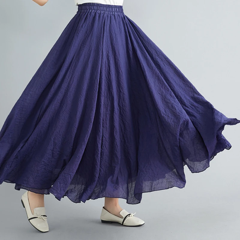 

Women's Elegant High Waist Linen Maxi Skirt 2021 Summer Ladies Casual Elastic Waist 2 Layers Skirts Saia Feminina 14 Colors